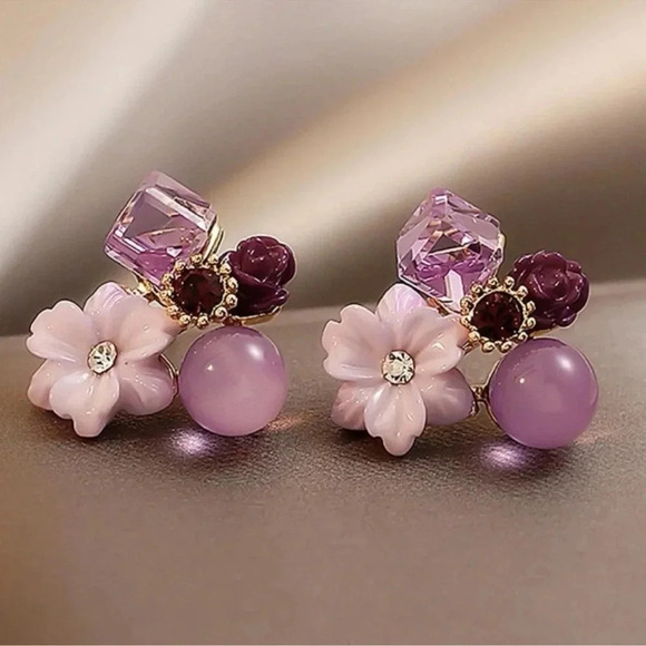 1 LEFT! Purple Flower And Crystal Stud Earrings - Picture 2 of 4